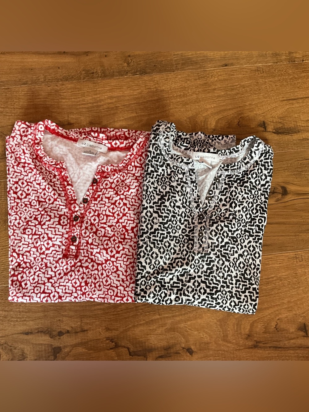Two Liz Claiborne Printed Henley Tunic Tops Large